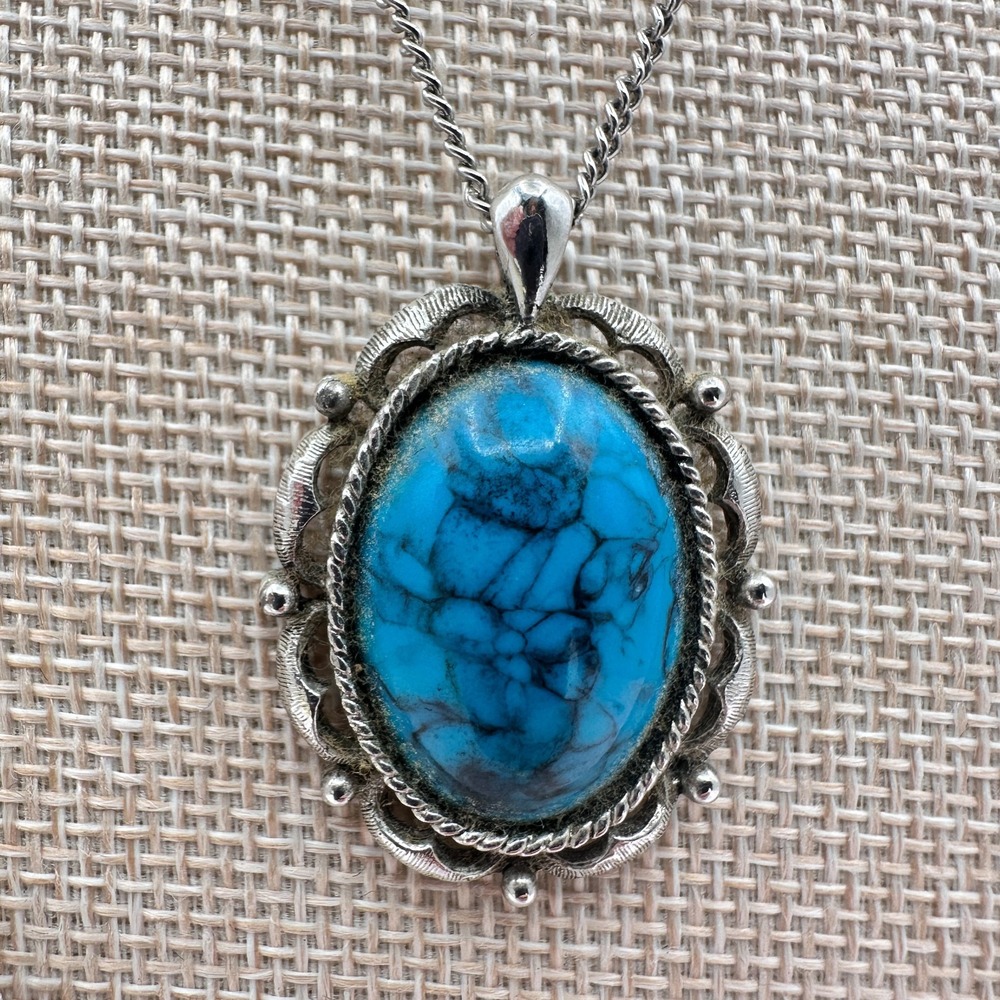 Vintage 90s Silver Tone Turquoise Matrix Filigree Pendant Necklace